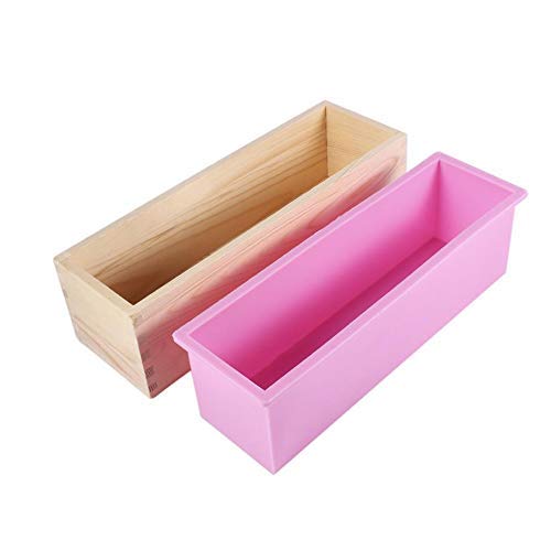 Molde rectangular para jabón, de silicona, flexible, con caja de madera, para hacer jabón casero, 1,2 litros rosa