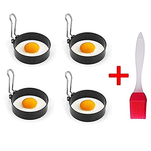 Molde redondo antiadherente para huevos y tortitas, 4 moldes de cocina, círculos de huevo frito con un cepillo de silicona, apto para calderas de huevos, utensilios de cocina y hervidor de calderas.