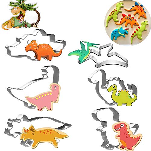 Moldes de Galletas, Cortadores Galletas Dinosaurio， 6pcs Acero Inoxidable Galletas Cortador para Cookie, Fondant, Formas Navideña Variadas Fiesta Navidad Galletas