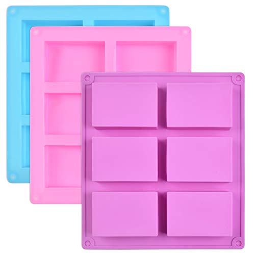 Moldes de jabón de Silicona Suave Rectángulo de 3 Piezas, 6 Moldes de Cavidad para Jabón, DIY Jabón Mold Bandeja para hacer Barra de jJabón, Resina, Chocolate, Velas de Jabón Rosa, Azul, Púrpura