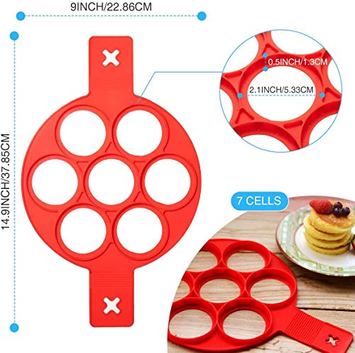 Moldes de silicona para panqueques con 7 agujeros, fijador de tortillas de huevos de tortitas de forma redonda para ahorrar tiempo de cocción, plantilla para hornear molde para hacer huevos (rojo)