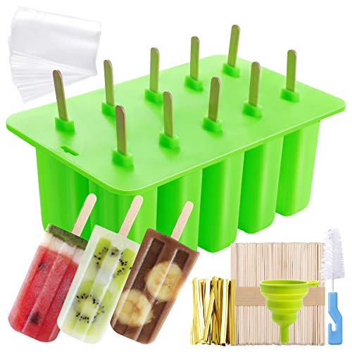 Moldes para Helados de Silicona, Molde Reutilizable para Hacer Polos y Helados DIY, 10 Rejillas con Tapa, con 50 Palitos de Madera + 50 Bolsas + Cepillo + Embudo, Verde