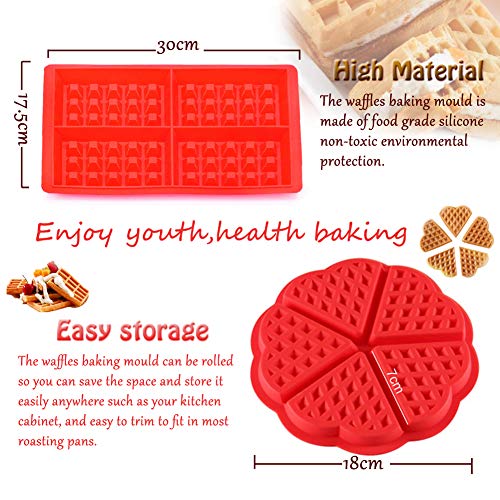 Moldes Waffles - WENTS Molde de Silicona para Waffle Anti Adherente Bandeja para Hornear Waffles Gofres Bandeja Moldes para Hornear Corazón y Rectángulo 4 PCS