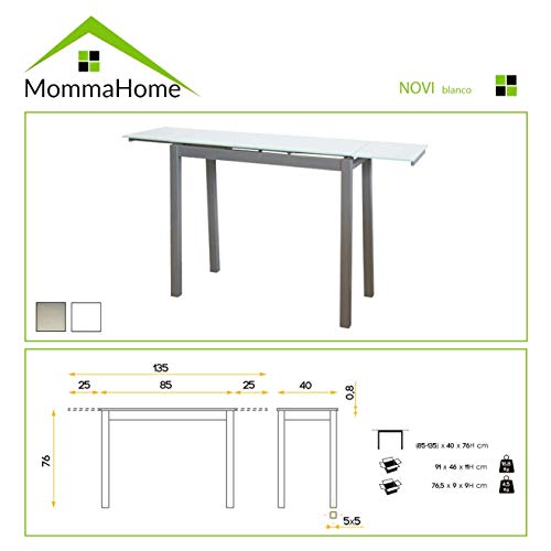 MOMMA HOME Mesa de Cocina Extensible - Modelo Novi - Color Blanco/Plata - Material Cristal Templado/Metal - Medidas 85/135 x 40 x 76 cm