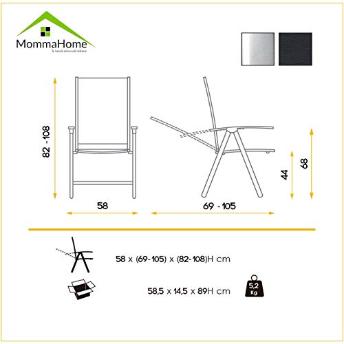 MOMMA HOME Silla de Jardín de 5 Posiciones - Silla de Aluminio Resistente- Modelo Lima - Diseño Moderno - Comodidad Asegurada - Ideal para Jardines y Terrazas - Medidas 42x53x98 cm - Color Negro