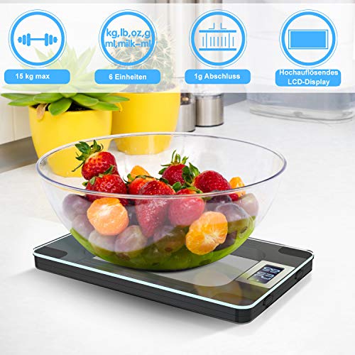 MOMMED Básculas profesionales de cocina digital con LCD altamente sensible para la dimensión exacta del gramo, gran superficie de pesaje y diseño moderno - Peso máximo 15 Kg