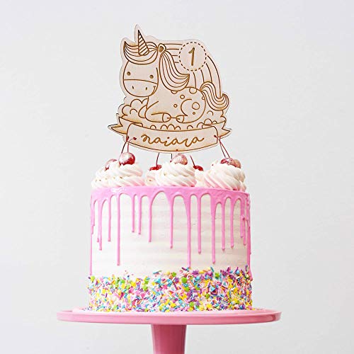 MONAMÍ - Topper Infantil Personalizado para Tarta de cumpleaños, Unicornio. Madera de Haya 3 mm Grosor y 18 x 13 cm