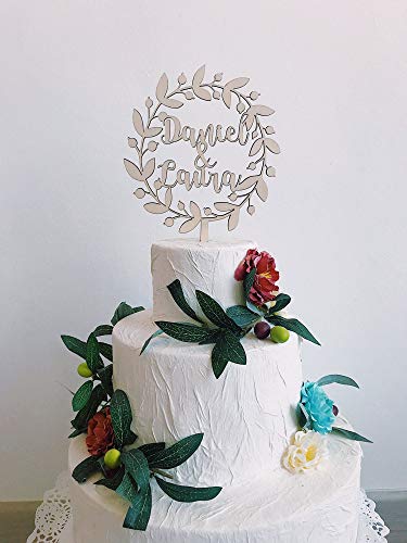 MONAMÍ - Topper Personalizado para Tarta de Boda, Corona Floral. Madera de Haya 3 mm Grosor y 22 x 14 cm