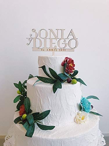 MONAMÍ - Topper Personalizado para Tarta de Boda, Nombres mayúsculas. Madera de Haya 3 mm Grosor y 17 x 14 cm