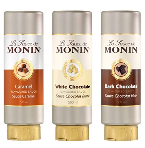 Monin Flavoured Saucen-Set, Salsas de Caramelo, Chocolate Blanco y Negro, 3 Botellas, 3 x 500 ml