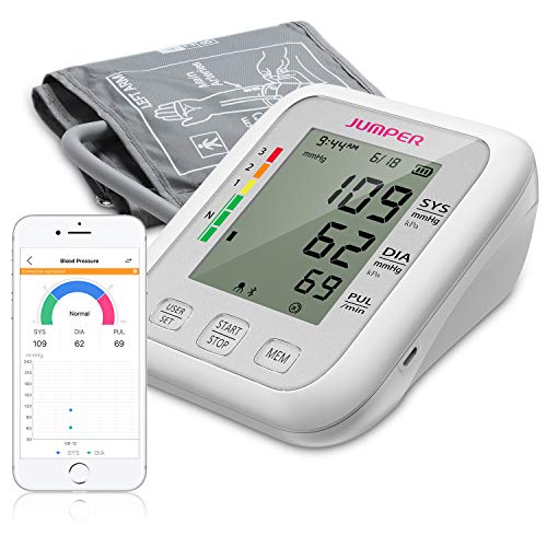 Monitor de Presión Arterial JUMPER en la Parte Superior del Brazo, 2 Usuarios, 2 Módulos de Fuente de Alimentación, 198 Memoria de datos, Gran pantalla LCD, Brazalete Ajustable Grande(Blanco)