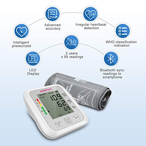 Monitor de Presión Arterial JUMPER en la Parte Superior del Brazo, 2 Usuarios, 2 Módulos de Fuente de Alimentación, 198 Memoria de datos, Gran pantalla LCD, Brazalete Ajustable Grande(Blanco)