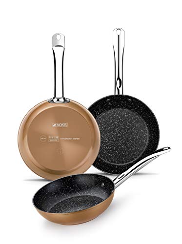 Monix Copper - Set de 3 sartenes efecto cobre, aluminio forjado antiadherente con partículas de titanio, 20-24-28 cm + AmazonBasics Sartén wok antiadherente de inducción de acero inoxidable, 28 cm