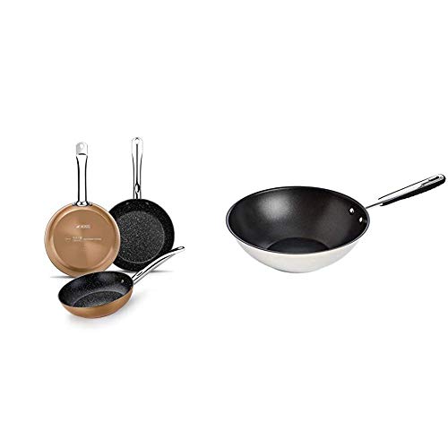 Monix Copper - Set de 3 sartenes efecto cobre, aluminio forjado antiadherente con partículas de titanio, 20-24-28 cm + AmazonBasics Sartén wok antiadherente de inducción de acero inoxidable, 28 cm