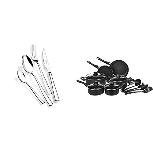 Monix Siena - Set de Cubiertos de 24 Piezas con Cuchillo chuletero, Acero Inoxidable 18/10, diseño contemporaneo + AmazonBasics - Juego de Utensilios de Cocina antiadherentes, 15 Piezas