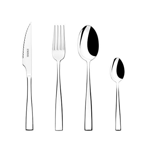 Monix Siena - Set de Cubiertos de 24 Piezas con Cuchillo chuletero, Acero Inoxidable 18/10, diseño contemporaneo + AmazonBasics - Vajilla de 18 Piezas, Líneas Modernas, 6 Servicios