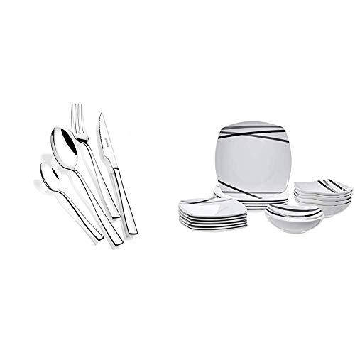 Monix Siena - Set de Cubiertos de 24 Piezas con Cuchillo chuletero, Acero Inoxidable 18/10, diseño contemporaneo + AmazonBasics - Vajilla de 18 Piezas, Líneas Modernas, 6 Servicios