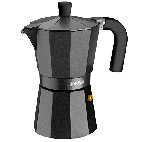 Monix Vitro Noir – Cafetera Italiana de Aluminio, Capacidad 9 Tazas, Apta para Todo Tipo de cocinas Salvo inducción