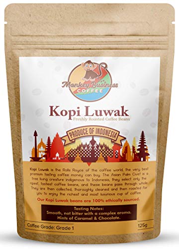 Monkey Business Coffee - Molidos De Café Kopi Luwak Salvaje - 125 Gramos (Otros Pesos Y Tipos De Frijoles Disponibles) - Fuente Sostenible (De Indonesia)