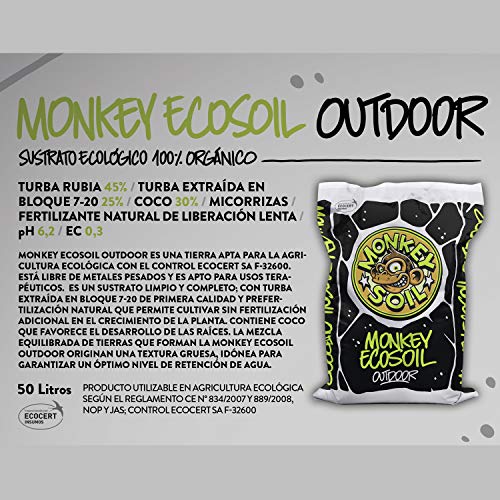 MONKEY SOIL Tierra para Plantas Marihuana 50L Exterior/Interior Sustrato Abono Universal Vegetal Cultivo Orgánico Cannabis - Turba Fibra Huerto Horticultura con Fertilizantes Bio Ecológicos