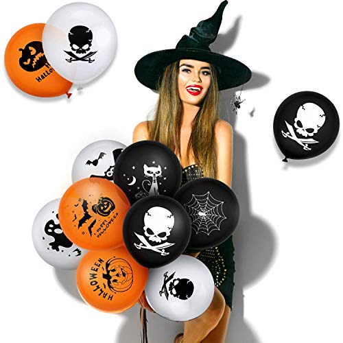 MonQi 100 piezas de globos de látex espesantes de buena capacidad de sellado con bomba de aire, 9 patrones populares de elementos de Halloween, se pueden inflar por completo a 30 cm