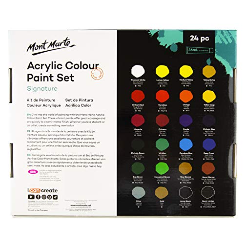 Mont Marte Juego de Pintura Acrílica Premium - 24 piezas (Tubos 36ml) - Ideal para Pintura Acrílica - Colores Brillantes y Luminosos con gran opacidad - Perfecto para Principiantes y Profesionales