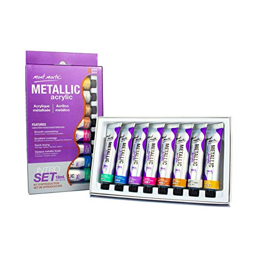 Mont Marte Pintura Acrilica - Metálica - 8 piezas, 18 ml tubos - Ideal para pintura acrílica - Colores brillantes y resistentes a la luz con gran opacidad - Ideal para Principiantes y Artistas