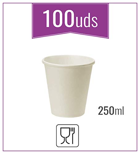 Monteluz -Vasos de Cartón Desechables, Biodegradables, Aptos para Cafés o Refrescos - Color Blanco - Pack 100 Unidades (100, 250ml)