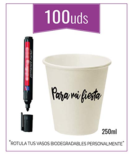 Monteluz -Vasos de Cartón Desechables, Biodegradables, Aptos para Cafés o Refrescos - Color Blanco - Pack 100 Unidades (100, 250ml)