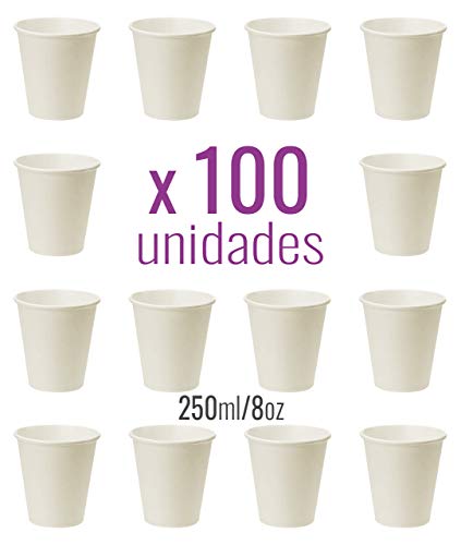 Monteluz -Vasos de Cartón Desechables, Biodegradables, Aptos para Cafés o Refrescos - Color Blanco - Pack 100 Unidades (100, 250ml)