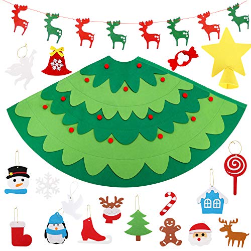 Monuary Árbol de Navidad del Fieltro DIY Fijó con 18pcs Ornamentos Desmontables, Árboles de Navidad Extraíble en 3D con 1 Piezas Banner de Navidad, Decoraciones de Navidad Árboles para Niños