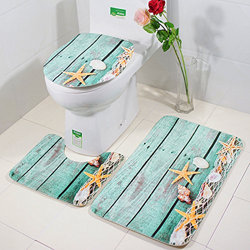 Moolecole Alfombra de Baño Playa Conchas Marinas Vacaciones de Arena de Estrellas de Mar Soft Soft Velvet francés Alfombra de baño Alfombra Antideslizante Set de Baño de 3 Piezas Starfish Piso