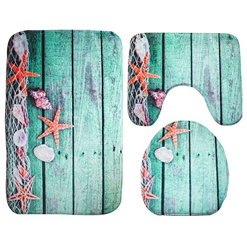 Moolecole Alfombra de Baño Playa Conchas Marinas Vacaciones de Arena de Estrellas de Mar Soft Soft Velvet francés Alfombra de baño Alfombra Antideslizante Set de Baño de 3 Piezas Starfish Piso