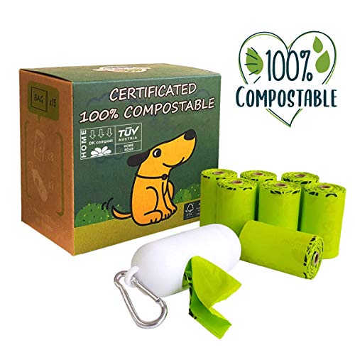 moonygreen Bolsas para Excrementos de Perro Biodegradables - Origen Vegetal, Compostaje Casero, Sin Microplásticos, Sin Perfumes y Resistentes a Fugas - 23 x 33 cm, Paquete de 120 con Porta Bolsas