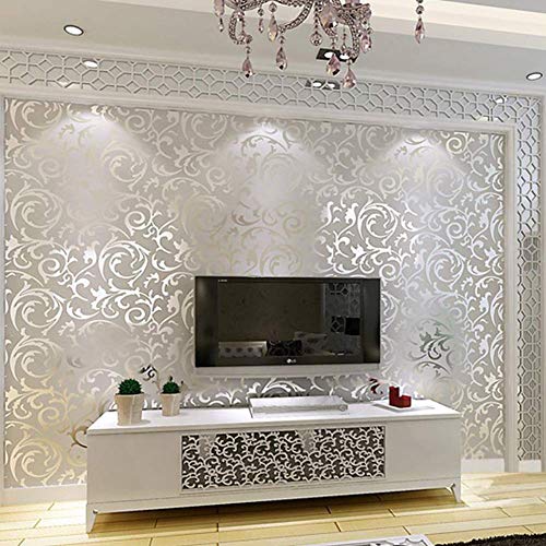 MOOUK 3D Victoriano Adamascado Relieve Rollo de Papel Pintado Decoración Hogar Cuarto de Estar Pared Dormitorio Revestimientos Floral Papel de Pared - Plateado, Tamaño Libre