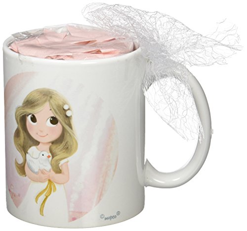 Mopec Taza Primera Comunión de Porcelana para niña Adornada con Caramelos de Frutas, Pack de 1 Unidad, Blanco, 8.20x8.20x9.50 cm