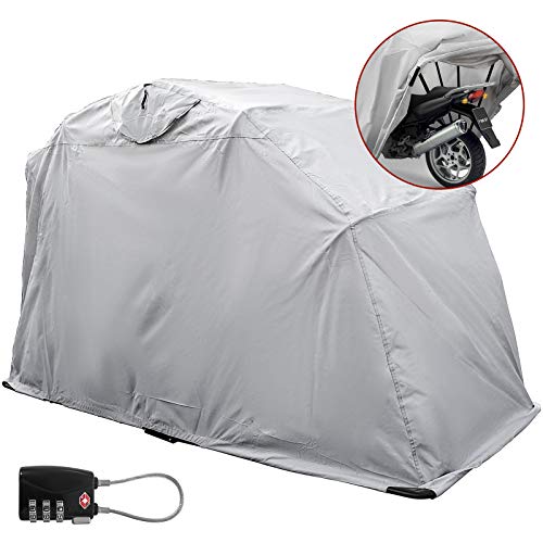 Mophorn Funda para Moto 600D Cubierta de la Motocicleta 3.45x1.37x1.9m Funda para Moto a Prueba de UV Agua Lluvia Polvo Impermeable Cubierta Color Plata con Cerradura Segura