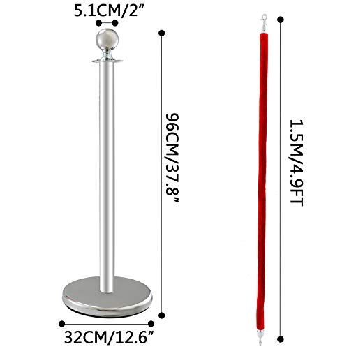 Mophorn Poste Separador de Cinta Extensible 4 Juegos Barreras de Seguridad de 2 Cuerdas Longitud de Cuerda 1.5m Plata