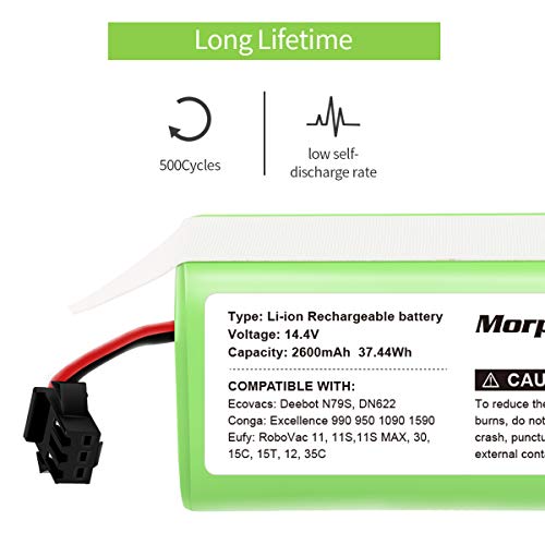 morpilot Batería 14.4V 2600mah Litio, Compatible con Conga Excellence y Conga Excellence 990 950 1090, DEEBOT N79S N79, Eufy RoboVac 11 11S 11S Max 15C 30C 30 MAX, IKOHS NETBOT S14 S15, Con un Cepillo