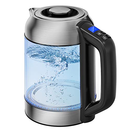 morpilot Hervidor de Agua Eléctrico 1.7L Hervidor Agua de Vidrio y Acero Inoxidable con Temperatura Regulable, Iluminación Led, Función de Mantener Caliente, 2200W, Libre de BPA