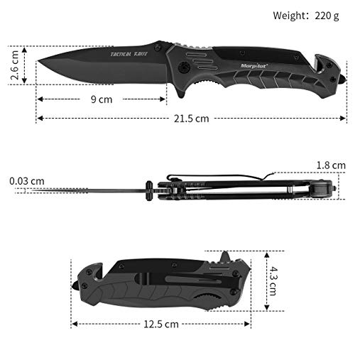 morpilot Navaja Plegable Cuchillo de Acero Inoxidable con Punta Rompevidrio y Cutter Cinturón Cuchillo Plegable con Mango Acero Inoxidable para Acampar, Picnic, Caza