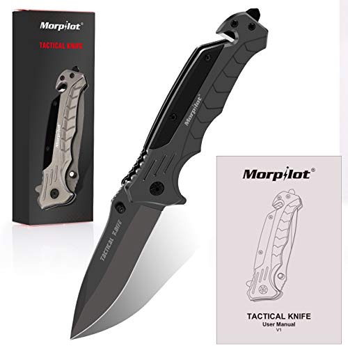 morpilot Navaja Plegable Cuchillo de Acero Inoxidable con Punta Rompevidrio y Cutter Cinturón Cuchillo Plegable con Mango Acero Inoxidable para Acampar, Picnic, Caza