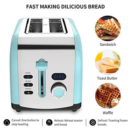 morpilot Tostadoras Pan de 2 Rebanadas con 6 Niveles de Tostador y Bandeja para Migas, Pantalla LED, 800 W, Tostadora de Pan Automática con Función de Descongelar y Calentamiento Azul