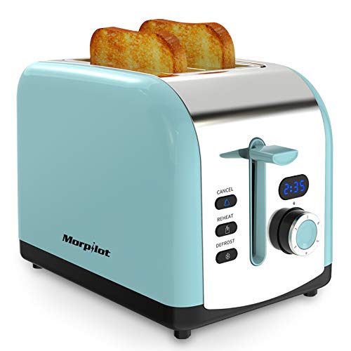 morpilot Tostadoras Pan de 2 Rebanadas con 6 Niveles de Tostador y Bandeja para Migas, Pantalla LED, 800 W, Tostadora de Pan Automática con Función de Descongelar y Calentamiento Azul