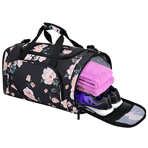 MOSISO Bolsas de Gimnasio Tejido de Poliéster Plegable de Viaje Durante la Noche Duffels Ligero Deportivo Deportes Camping Hombro Bolso para Hombres y Mujeres, Base Negra Peonía