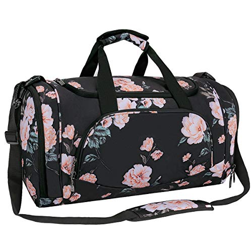 MOSISO Bolsas de Gimnasio Tejido de Poliéster Plegable de Viaje Durante la Noche Duffels Ligero Deportivo Deportes Camping Hombro Bolso para Hombres y Mujeres, Base Negra Peonía