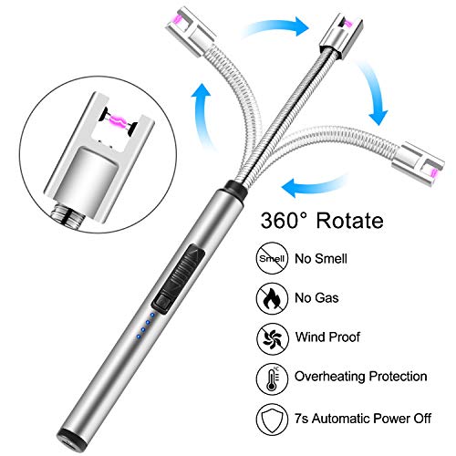 MOSUO Encendedor Electrico, Mechero de Arco Electrico USB Recargable, Cuello Largo 360° Flexible Sin Llama ni Olor, Interruptor de Seguridad, para Cocina Barbacoa Velas Fuegos Artificiales, Plata