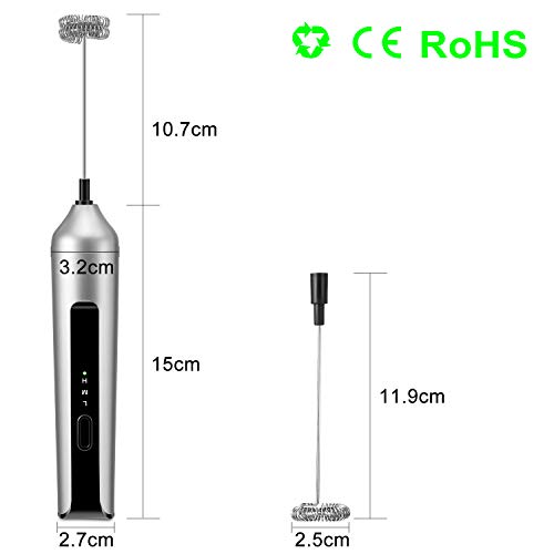 MOSUO Espumador de Leche Eléctrico, USB Recargable Batidor de leche de Acero Inoxidable con Cabezal Doble/Simple y Batidor de Globo, Mini Batidora para Café Capuchino Huevos