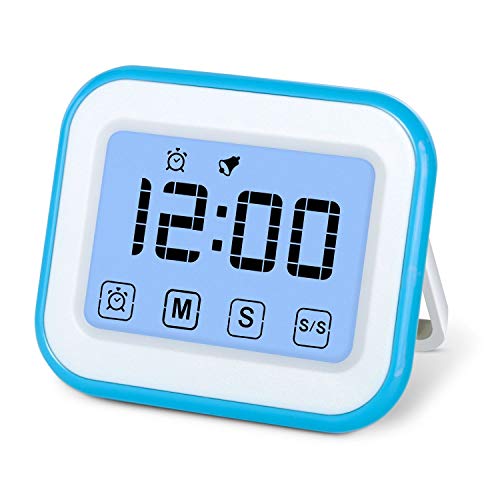 MOSUO Temporizador de Cocina, Cronómetro con Pantalla táctil, Temporizador Digital Magnético/Reloj/Alarma, Cuenta Atrás/hacia Delante, LED Pantalla 12/24h, Azul-Blanco