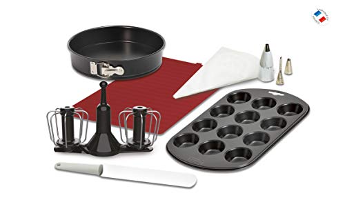 Moulinex XF389010 Accesorios Cuisine Companion, kit repostería, varillas de doble rotación, manga pastelera, espátula, molde 12 muffins, tapete bandeja horno y recetario, molde desmontable 24 cm